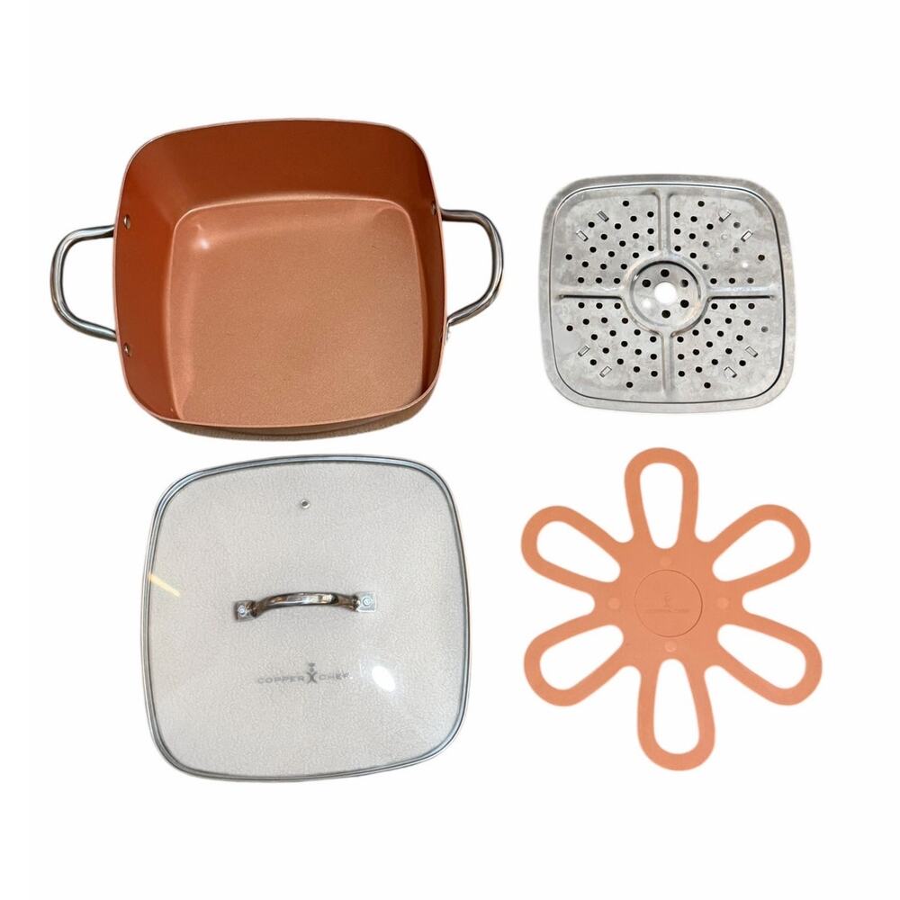Copper Chef XL 11" Casserole Pot Pan w/Glass Lid Steam Tray Trivet Nonstick 7 QT